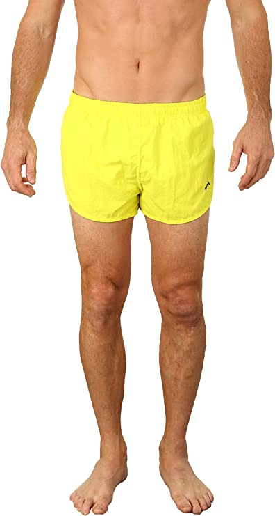 Bright yellow Uzzi running short swim trunks with a small black logo on the left leg ideal for active wear