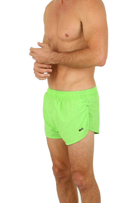Uzzi running short bright neon green athletic shorts with black logo on left leg ideal for running and training