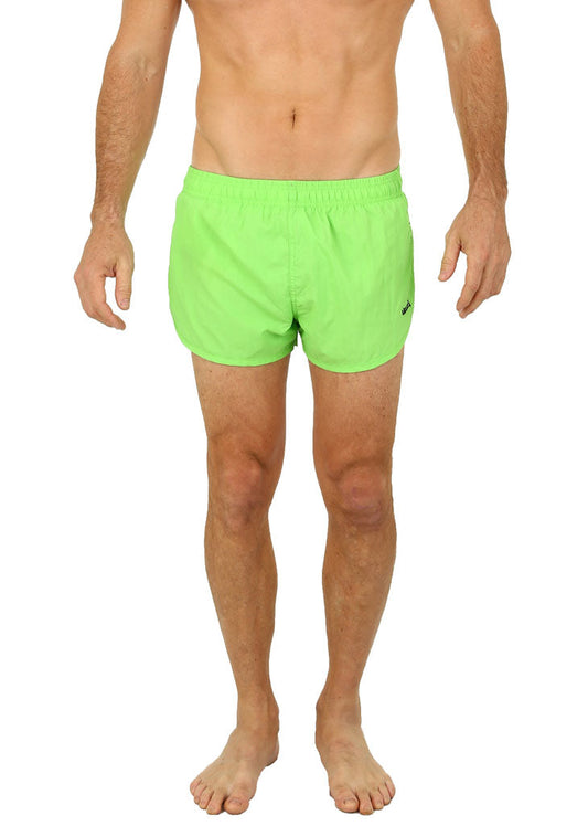 Uzzi running short bright neon green swim trunks with elastic waistband and subtle brand logo on lower right leg