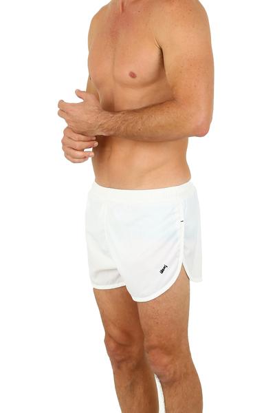 Uzzi running short white athletic shorts with subtle side slit and small black logo on lower left leg for running
