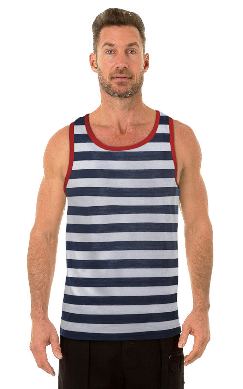 Men’s Uzzi tank top navy and white striped with red trim made of lightweight breathable fabric for casual wear