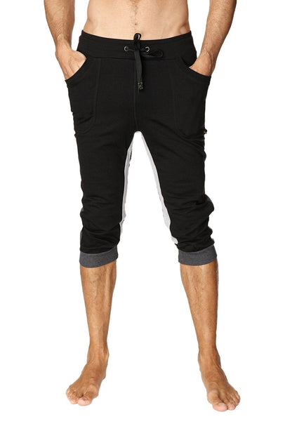 Black ultra-flex tri-color cuffed yoga pant with white side stripes and gray cuffs in capri-length jogger style