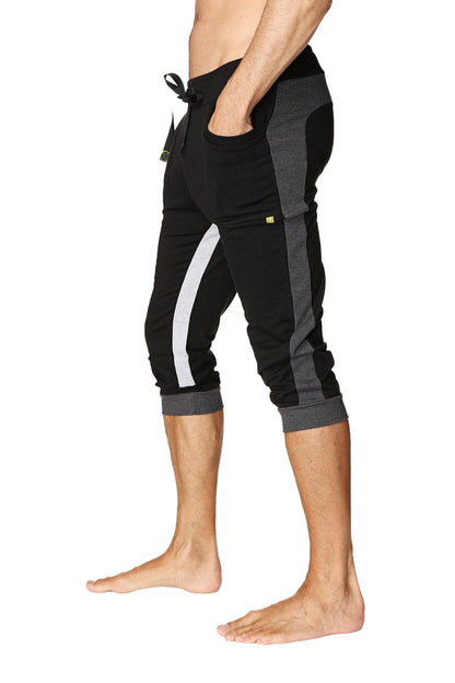 Ultra-flex tri-color cuffed yoga pant in black charcoal and grey with white side stripe elastic cuffs and drawstring waistband