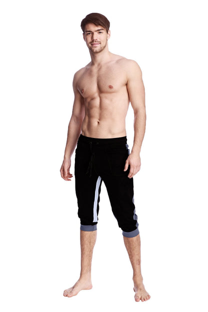 Black ultra-flex tri-color cuffed yoga capri pants with white and gray side stripes for athletic wear