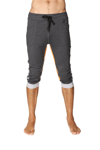 Ultra-flex tri-color cuffed yoga pant in charcoal with grey and orange featuring gray heathered capri style and black drawstring waistband