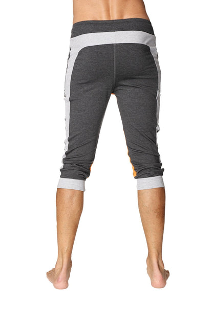 Dark gray ultra-flex tri-color cuffed yoga pant with light gray panels and cuffs in heathered fabric