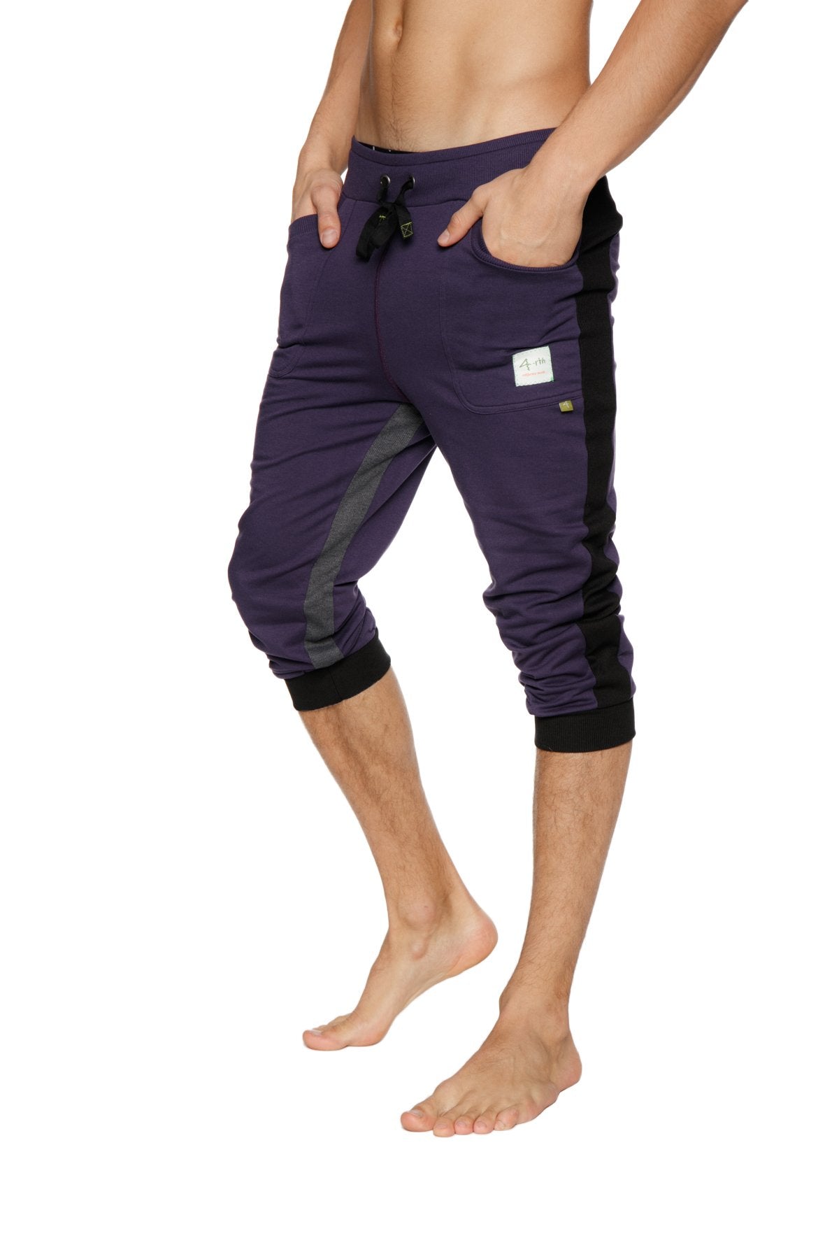 Ultra-Flex tri-color cuffed yoga pant in eggplant with black side panels and elastic cuffs in capri-length style