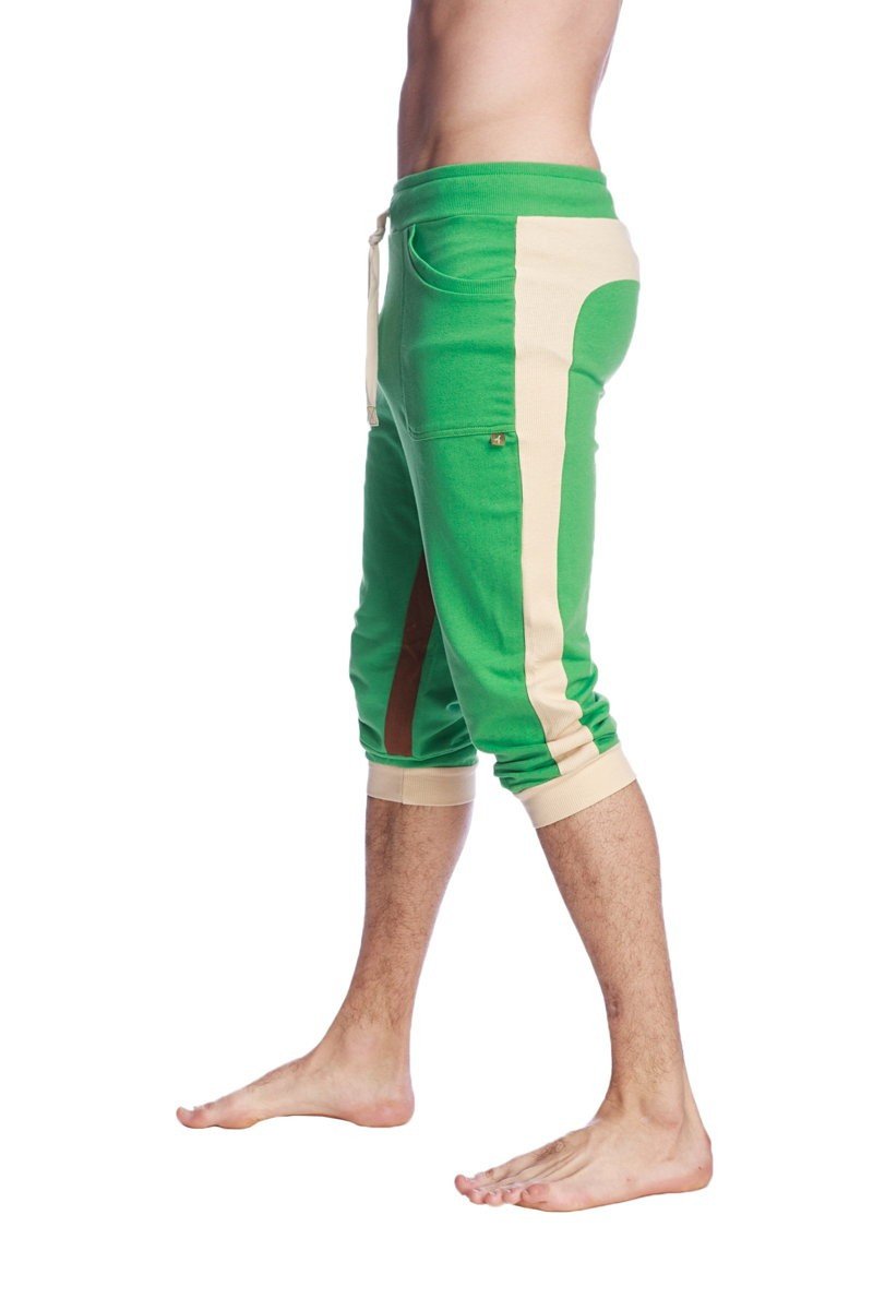 Green and beige ultra-flex tri-color cuffed yoga pant with drawstring waistband and athletic capri fit