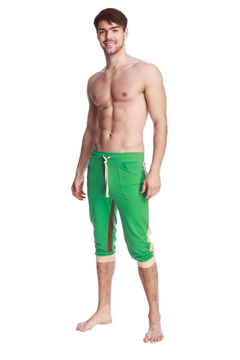 Green ultra-flex tri-color cuffed yoga pant with white drawstring and side panels in capri length