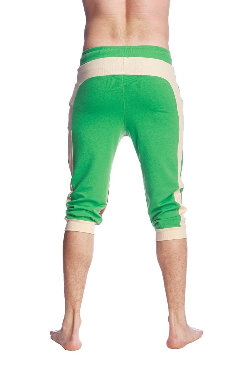 Ultra-flex tri-color cuffed yoga pant green with sand and chocolate in ribbed waistband side stripes and rolled cuffs
