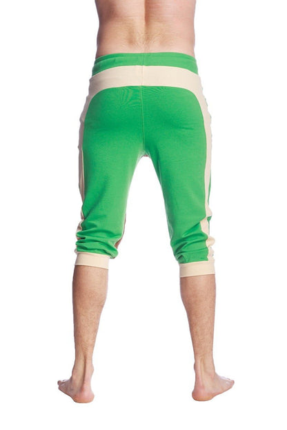 Ultra-flex tri-color cuffed yoga pant green with sand and chocolate in ribbed waistband side stripes and rolled cuffs
