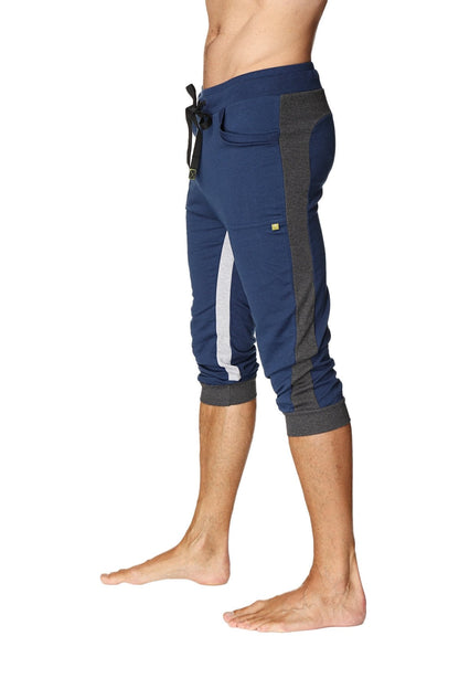 Navy blue ultra-flex tri-color cuffed yoga capri pants with gray side panels white stripe and elastic waistband with drawstring