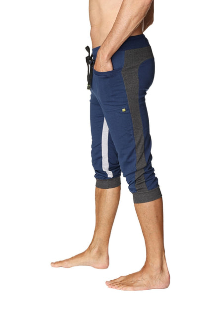 Navy blue and gray ultra-flex tri-color cuffed yoga pant with white stripe accents designed for athletic wear