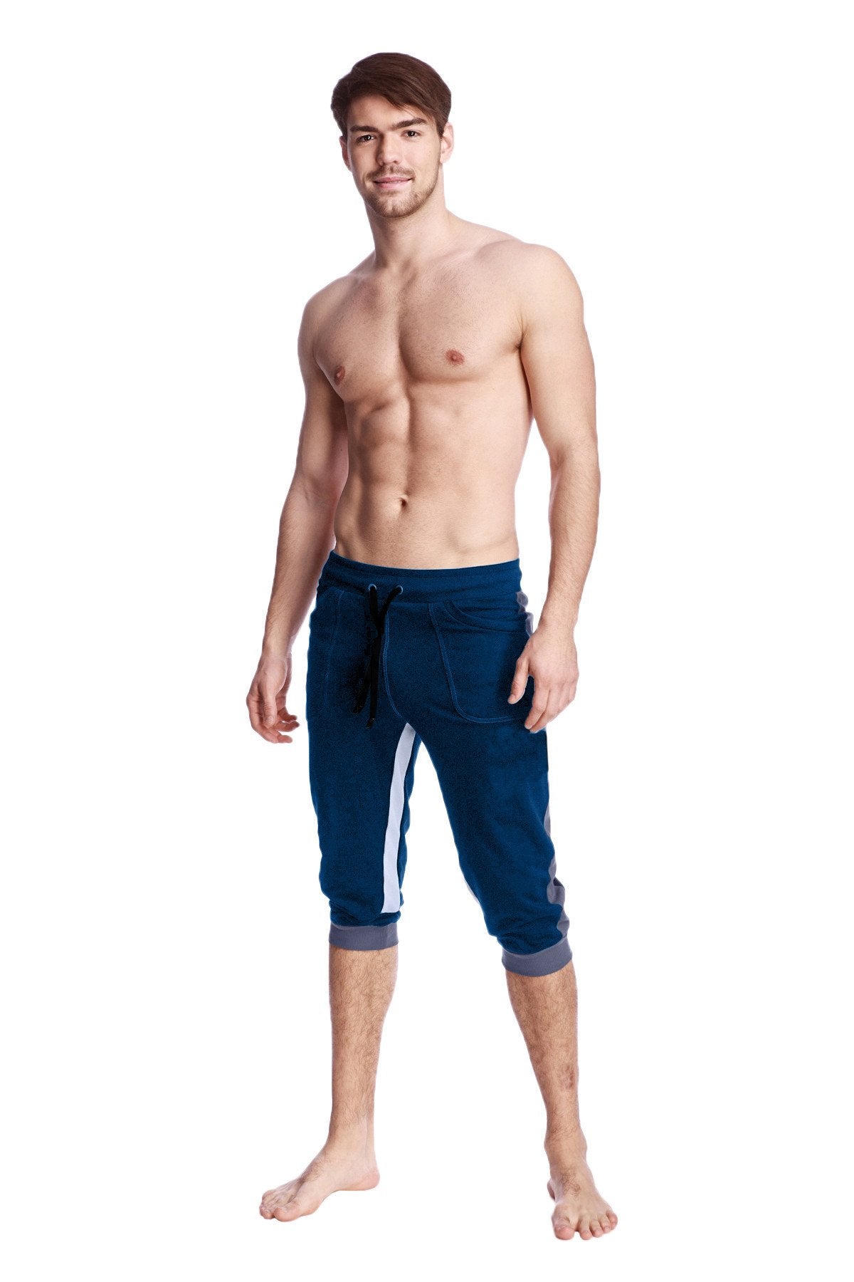 Ultra-flex tri-color cuffed yoga pant in navy blue with white side stripes and gray cuffs for athletic wear