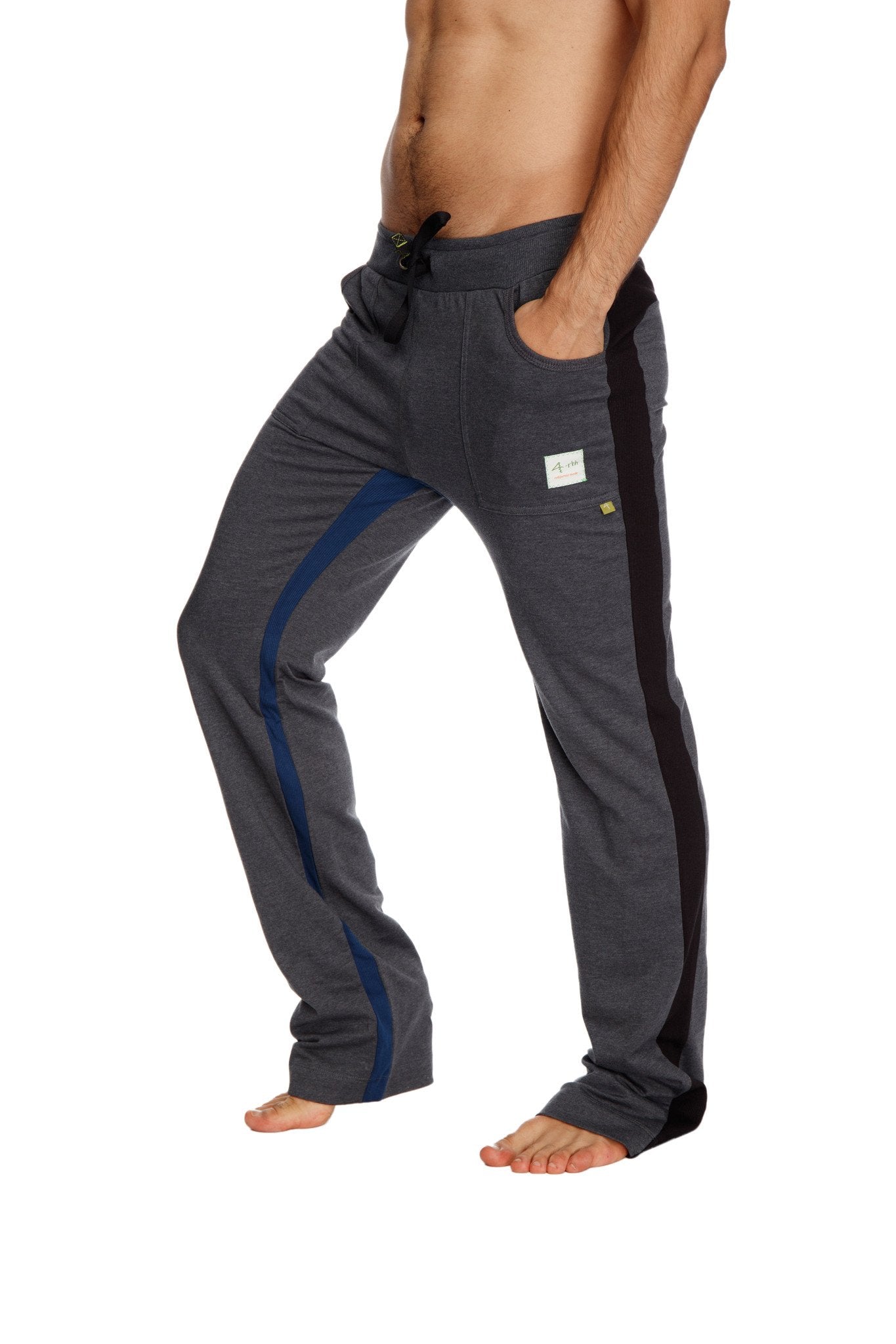 Ultra flex yoga sweatpants in charcoal gray with black and royal side stripes and drawstring waistband for comfort
