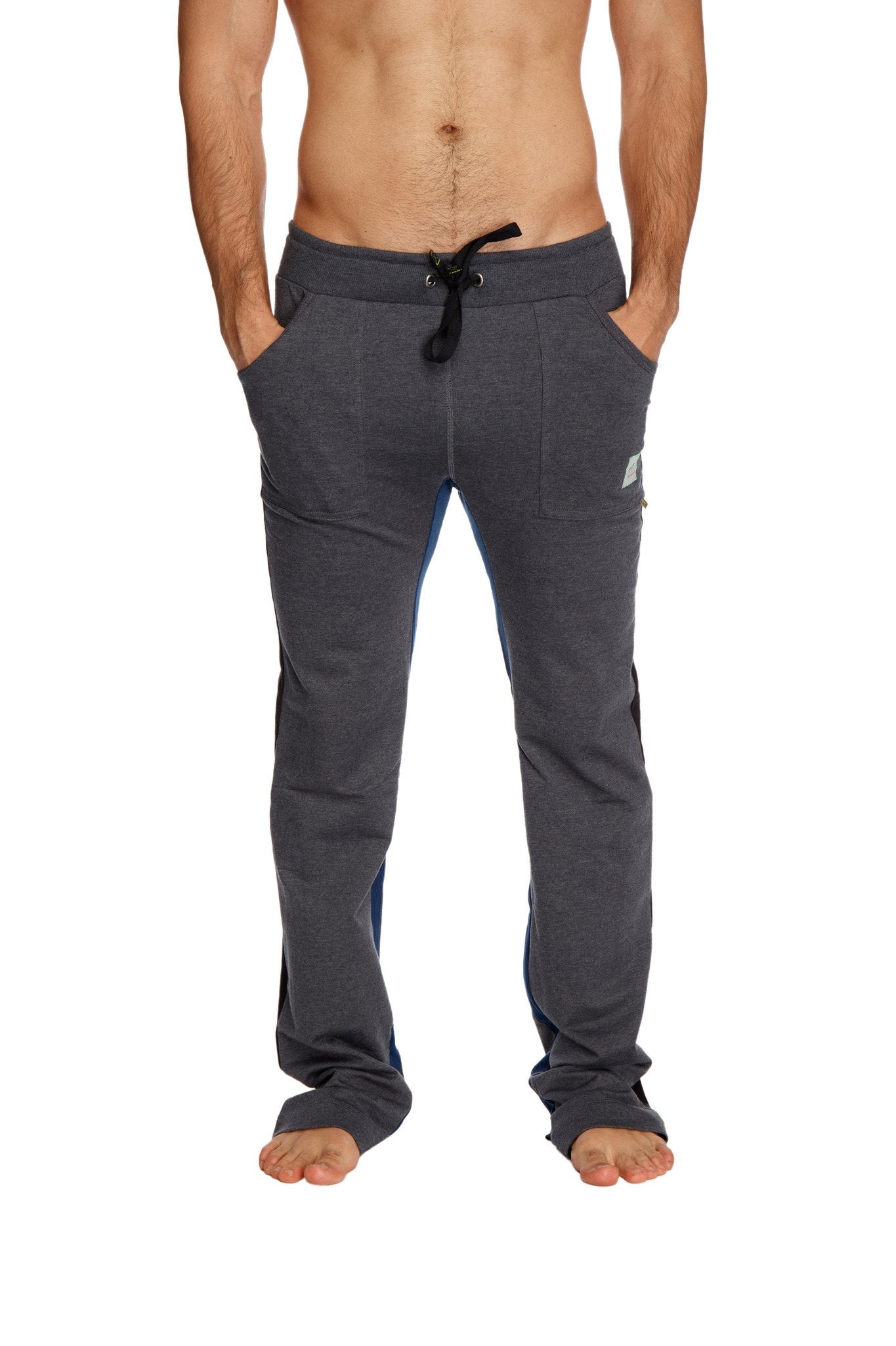 Gray ultra flex yoga track and sweat pant with black drawstring waistband and blue side panels for activewear