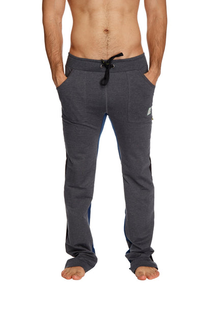 Gray ultra flex yoga track and sweat pant with black drawstring waistband and blue side panels for activewear