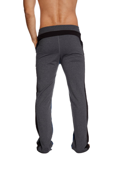 Ultra flex yoga track and sweat pant in charcoal with black side panels and waistband designed for comfort and flexibility