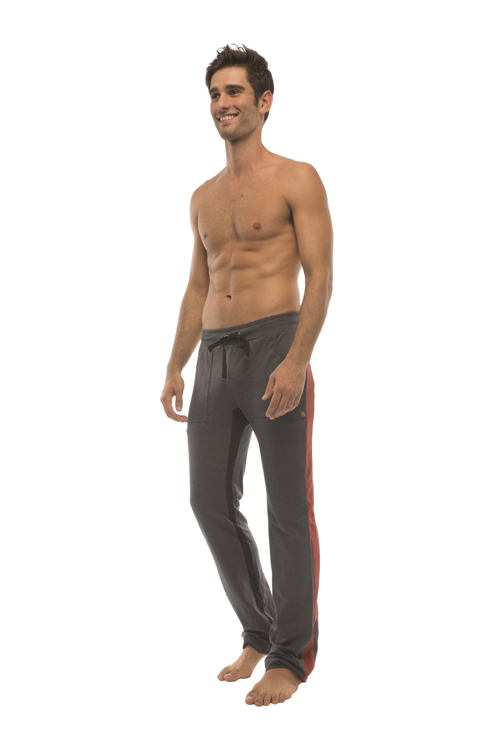 Ultra flex yoga track and yoga sweat pant in charcoal with cinnabar red side stripe and drawstring waistband