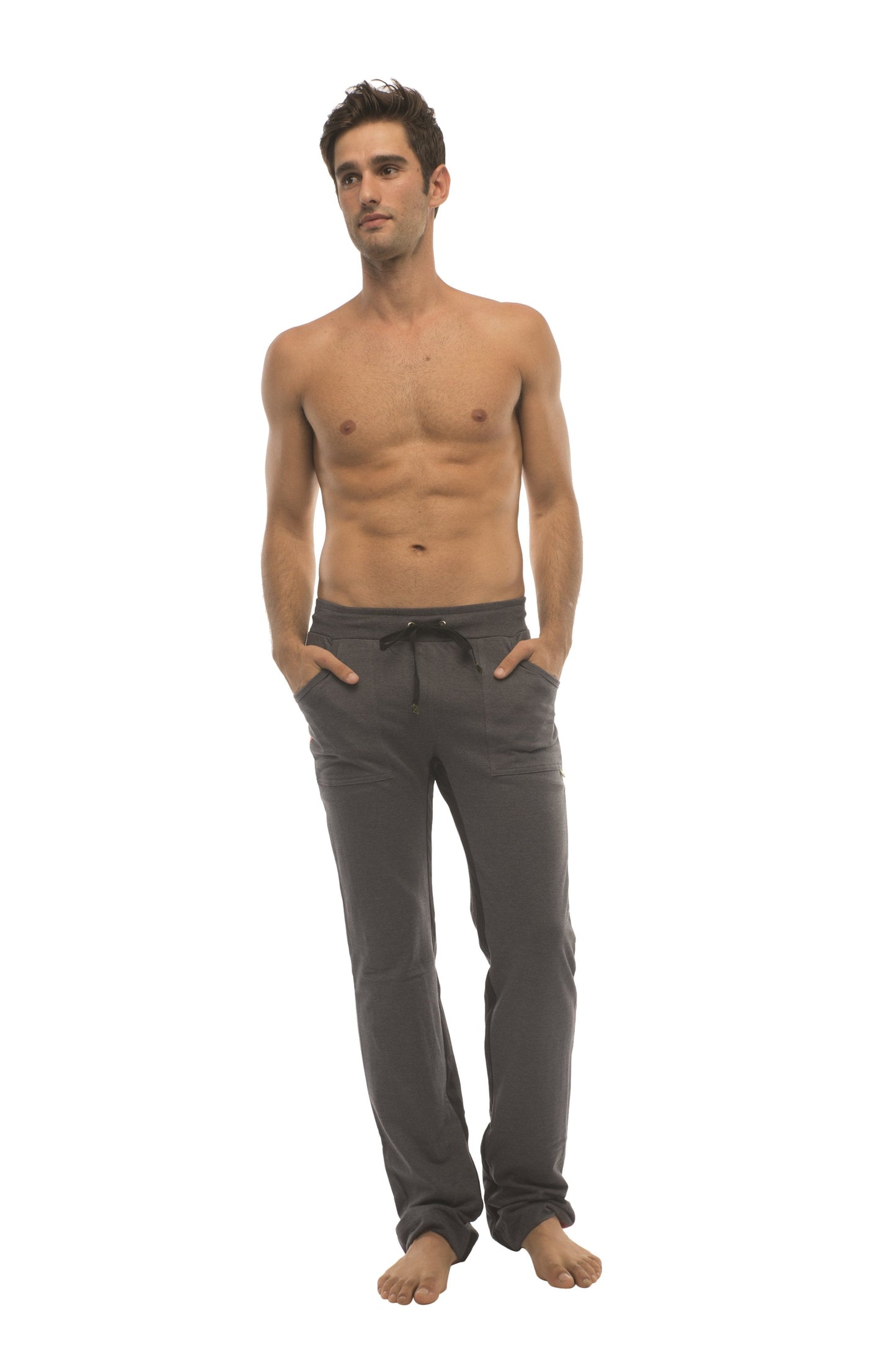 Dark gray ultra flex yoga track and sweat pants with drawstring waistband for comfortable lounging and yoga sessions