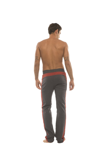 Ultra flex charcoal yoga sweat pant with red cinnabar side stripes and waistband for flexible activewear