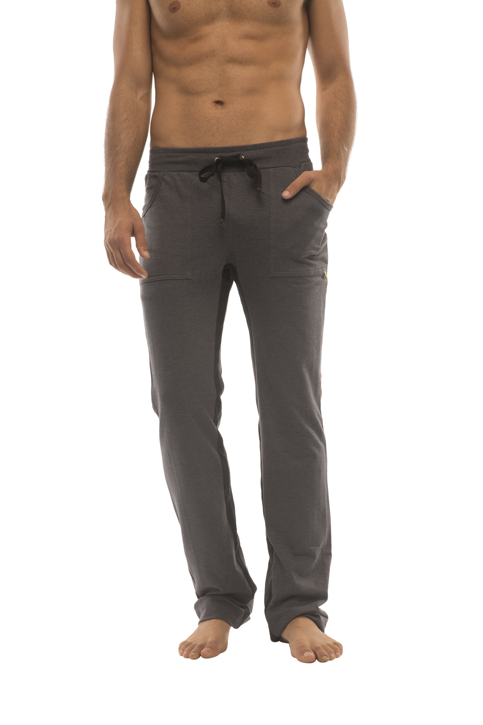 Dark gray ultra flex yoga sweat pant with comfortable fit black drawstring waistband and side pockets
