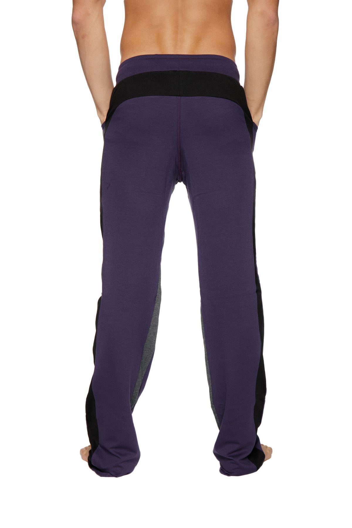 Ultra flex yoga sweat pant in eggplant with black side panels and waistband designed for athletic comfort