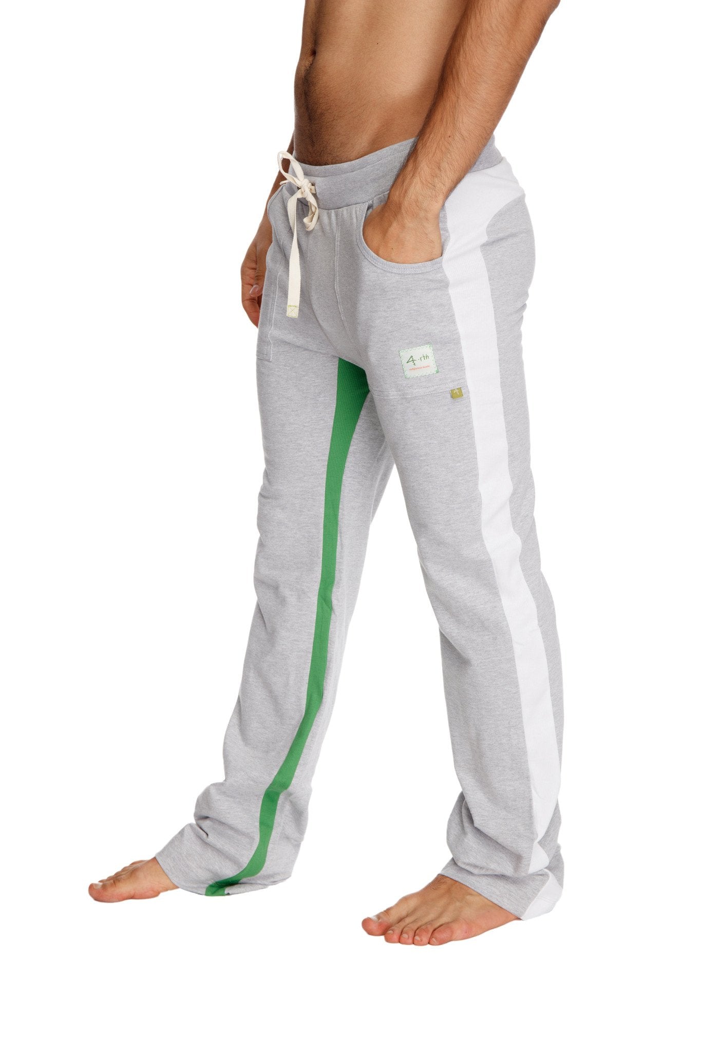Gray ultra flex yoga sweatpants with white and green side stripes, drawstring waistband, and brand patch on thigh