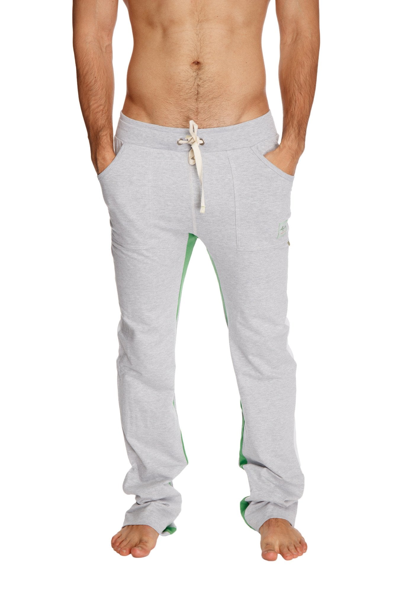 Gray ultra flex yoga sweatpant with green side panels and white drawstring designed for comfort and flexibility
