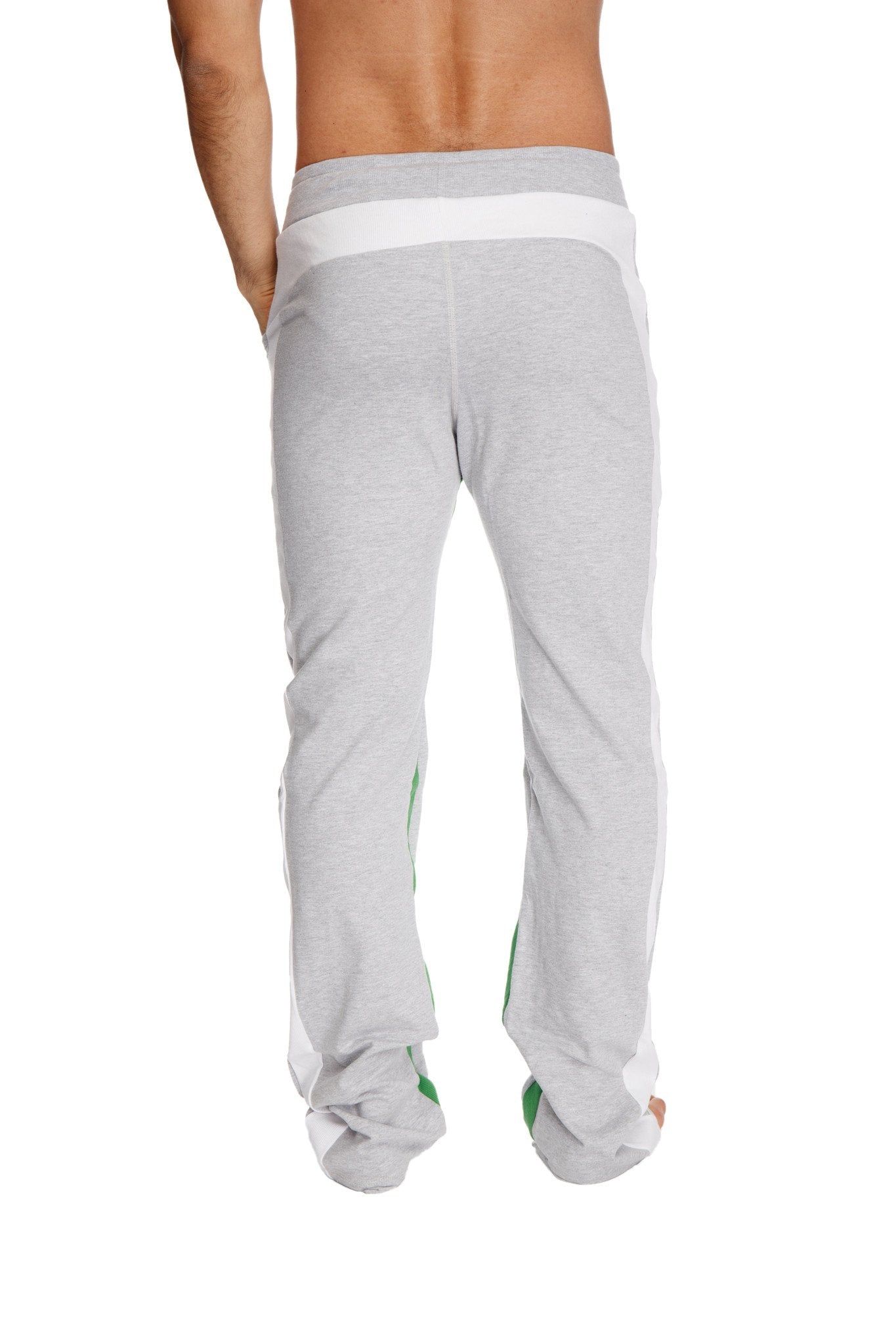 Ultra flex yoga track and yoga sweat pant in grey with white and green side stripes made from soft stretch fabric