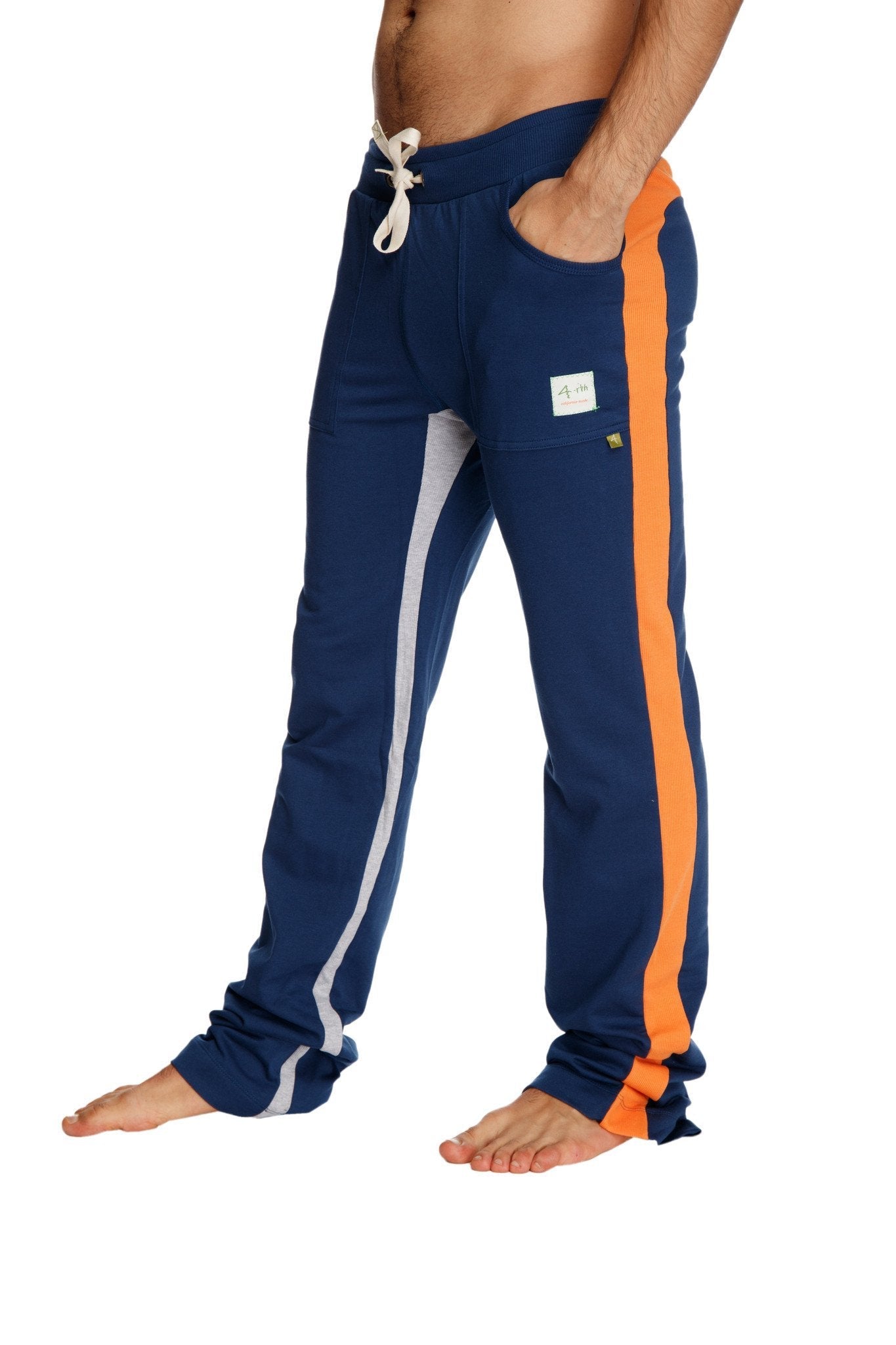 Ultra flex yoga track and yoga sweat pant in royal blue with orange and grey side stripes featuring a drawstring waistband and cuffed ankles