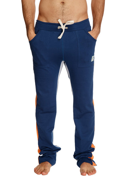 Ultra flex yoga track and yoga sweat pant in royal blue with orange and grey side stripes and white drawstring waistband