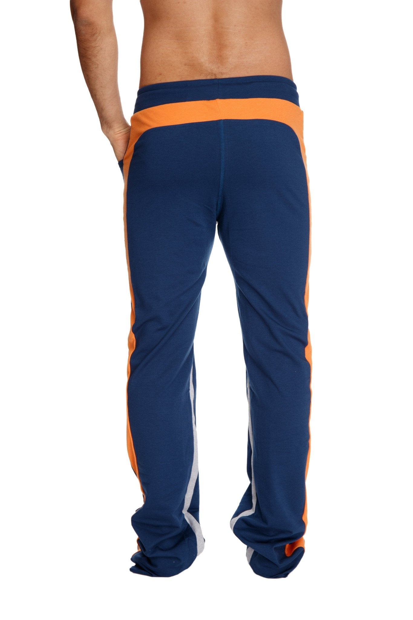 Ultra flex yoga track sweat pant in royal blue with orange and grey side stripes designed for athletic use