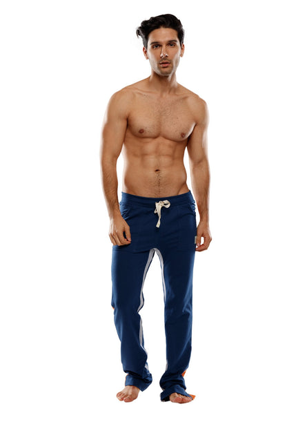 Navy blue ultra flex yoga sweat pant with white drawstring and side stripe detailing for athletic use
