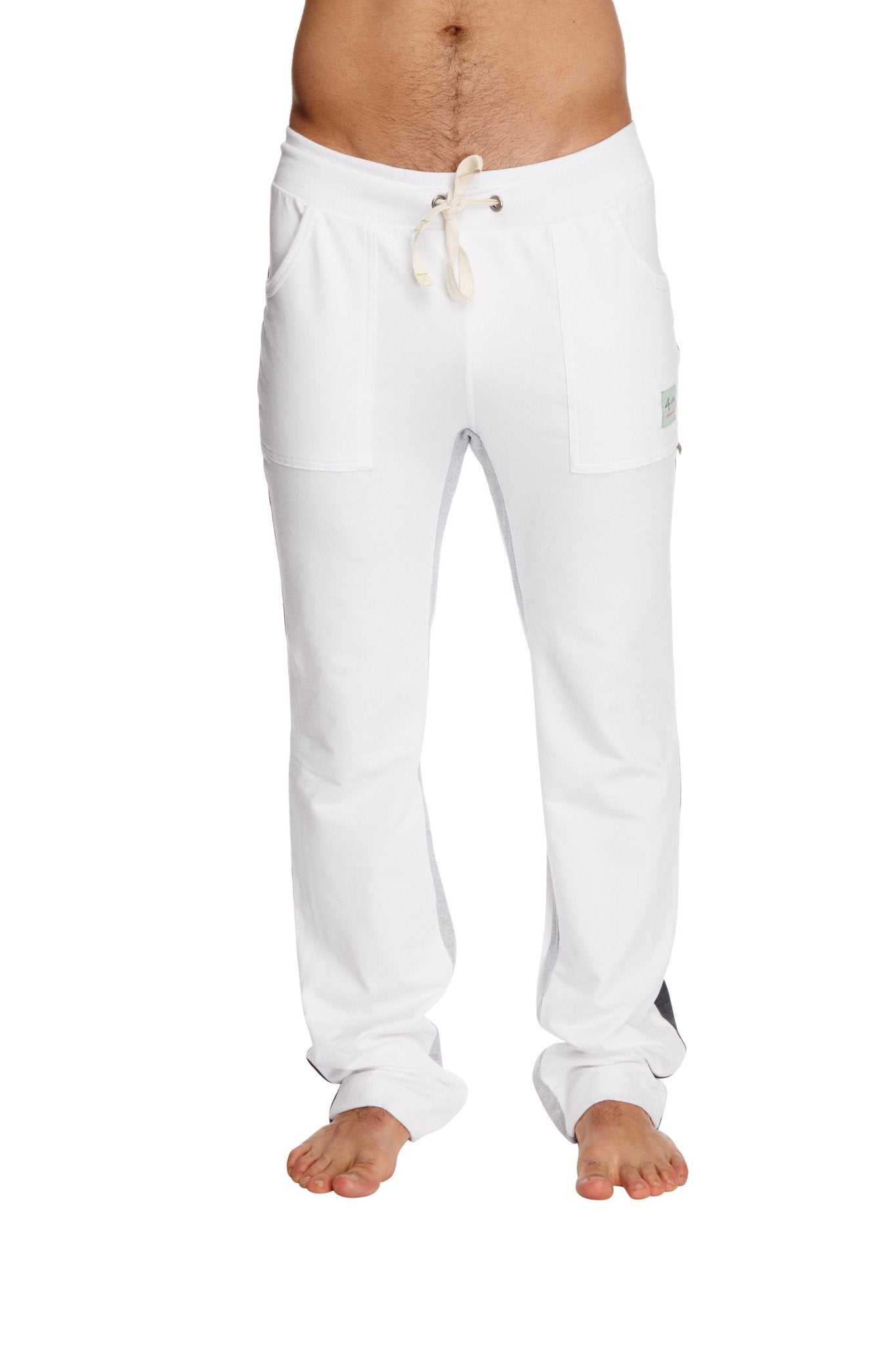 White ultra flex yoga sweatpant with drawstring waist side pockets and small brand tag for flexible workouts