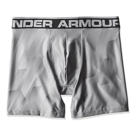 Gray under armour original 6in printed boxerjock boxer briefs with geometric pattern and black waistband size xs