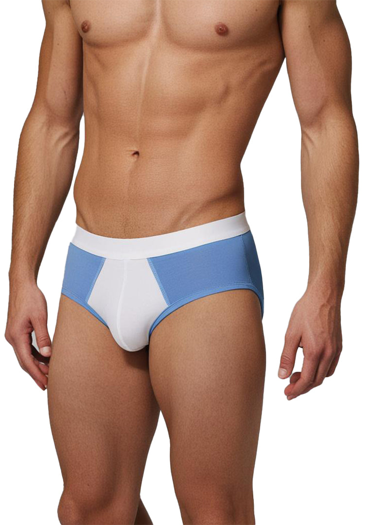 Undergear basix stan two-tone brief in blue and white athletic fabric with a sleek modern design in sizes s and 2xl