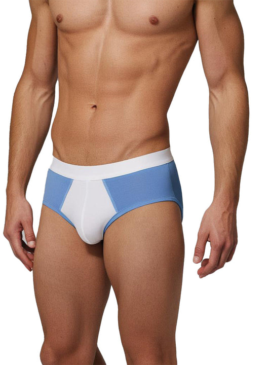 Undergear basix stan two-tone brief in blue and white athletic fabric with a sleek modern design in sizes s and 2xl