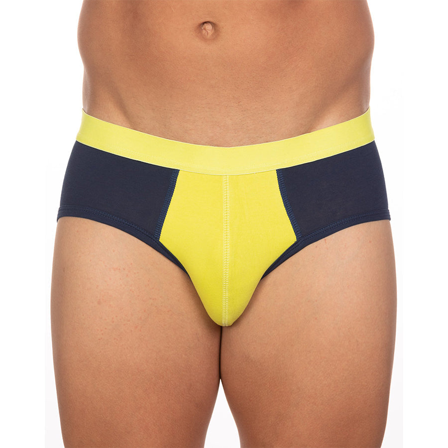 Undergear basix stan two-tone bright yellow and navy blue athletic briefs with bold color-block design in s and 2xl