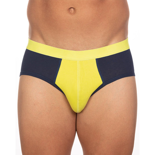Undergear basix stan two-tone bright yellow and navy blue athletic briefs with bold color-block design in s and 2xl