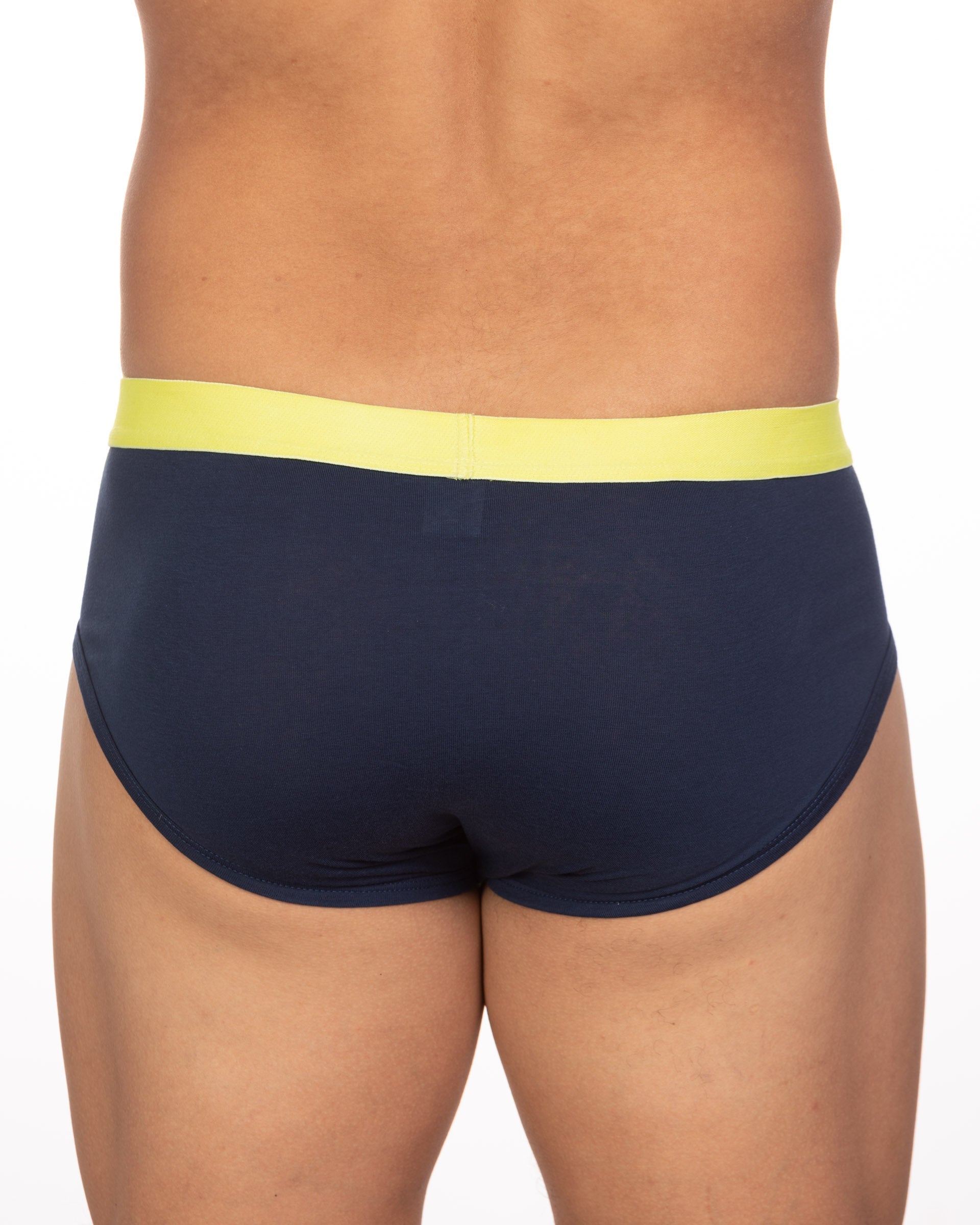 Undergear Basix Stan two-tone brief in navy blue with bright yellow elastic waistband in size S and 2XL