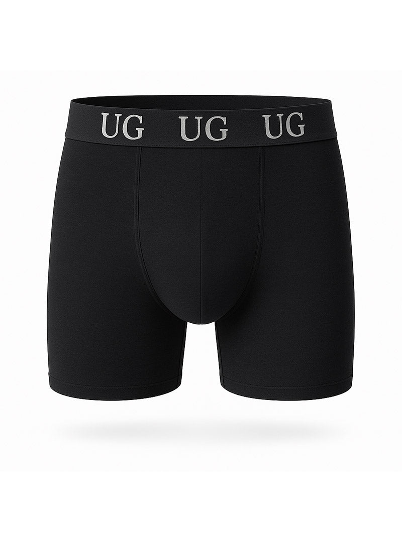 Black undergear cotton trunk boxer briefs with snug silver ug logo waistband for comfortable everyday wear