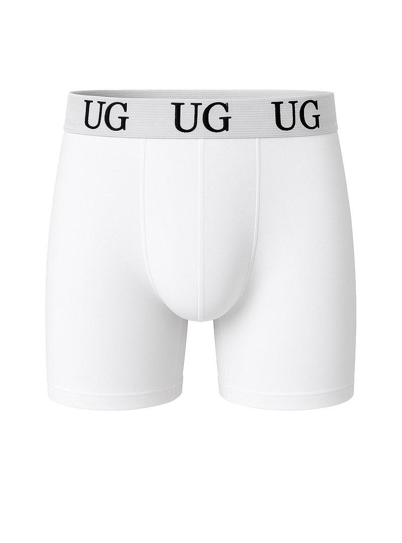 White undergear cotton trunk boxer briefs with gray waistband and black ug lettering on front side
