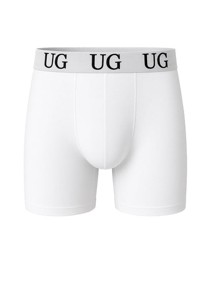 White undergear cotton trunk boxer briefs with gray waistband and black ug lettering on front side