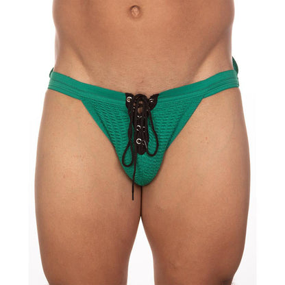 Undergear fizx mark solid knit jockstrap in green lace-trimmed thong with black lacing and silver eyelets