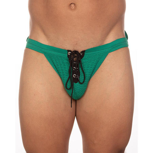 Undergear fizx mark solid knit jockstrap in green lace-trimmed thong with black lacing and silver eyelets