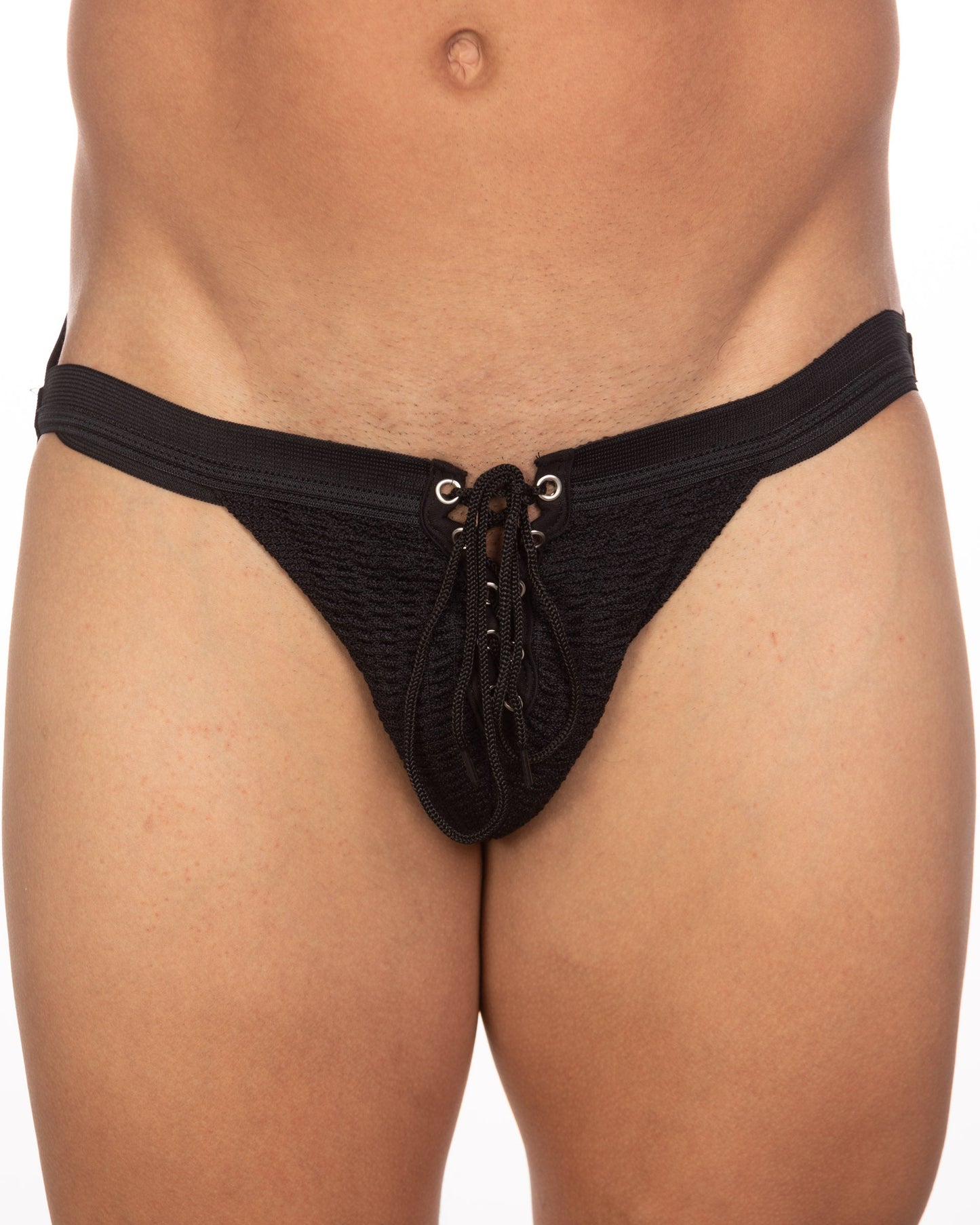 Black lace-up thong with textured fabric and metallic eyelets from undergear fizx mark solid knit jockstrap collection