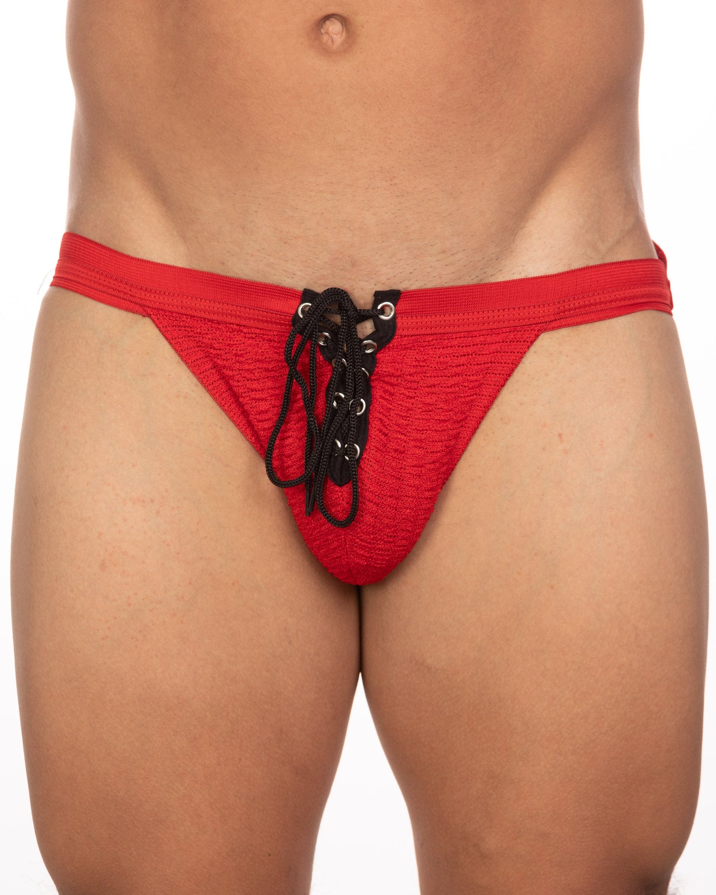 Undergear fizx mark solid knit jockstrap in red textured lace-up briefs with black laces and silver eyelets