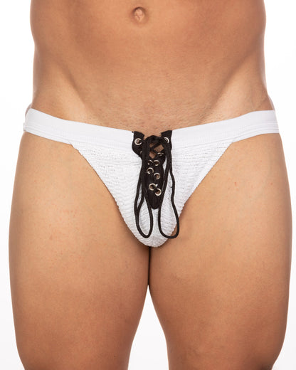 White textured knit undergear fizx mark solid lace-up briefs with black laces and metal eyelets