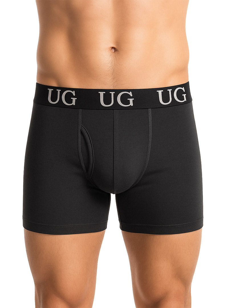 Black undergear fly front cotton boxer briefs with white ug logo repeated along the waistband